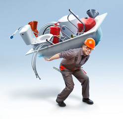 Worker holding bathtub with sanitary engineering on his back // showing big assortment