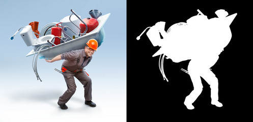 Worker holding bathtub with sanitary engineering on his back // with mask