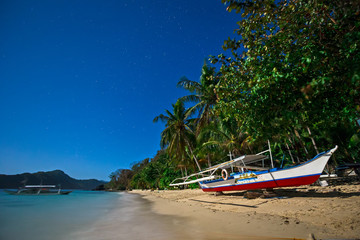 Fototapeta na wymiar Boat on the beach in the moonlight