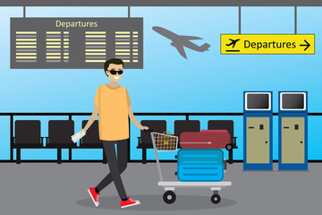Cartoon caucasian man the passenger rolls the airport trolley with suitcases and bag,