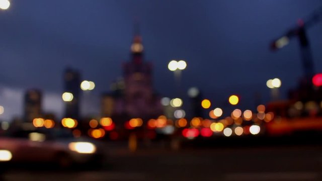 Warsaw - nightlife, trams, cars - blurred lights