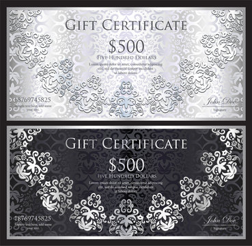 Luxury silver and black gift certificate with rounded lace decoration and vintage background