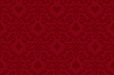 Seamless red background with poker symbols surrounded by floral ornament pattern