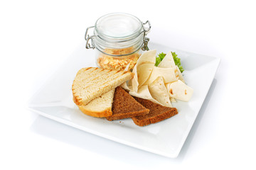 Snack for beer. Crackers and pita bread with sauce.