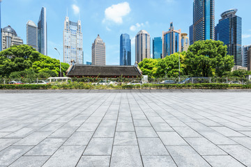 Empty city square road and modern commercial buildings scenery in Shanghai