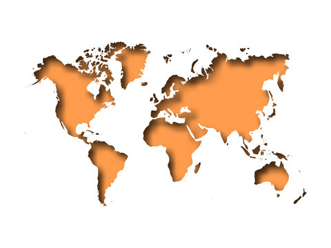 Map of World cut into paper with inner shadow isolated on orange background. Vector illustration with 3D effect.