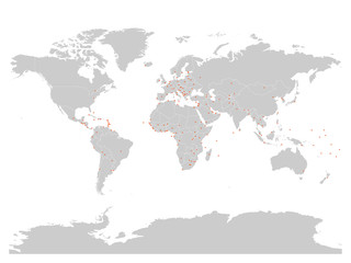 Fototapeta na wymiar Vector political map of World with capital cities marked as orange squares with rounded corners.