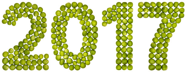 Numeral 2017 from green peas, isolated on white background