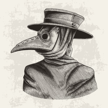 Plague doctor hand drawing vintage engraving isolate on grunge background