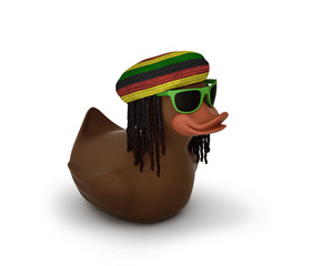 Black rubber duck in sunglasses with dreadlocks and rastamana's hat, included clipping path
