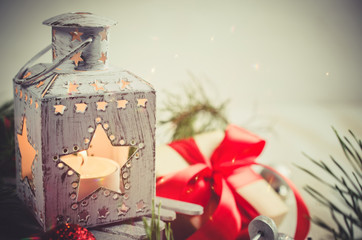 Christmas lantern. Magic lightning background.