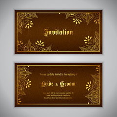 Luxury wedding invitation with golden ornament. Vector illustration
