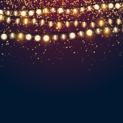 Obraz na płótnie Canvas Beautiful dark blue Christmas vector background with sparkling golden glitter and shiny Xmas lights with empty copyspace for your design
