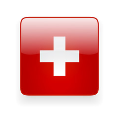 Square glossy icon with national flag of Switzerland on white background