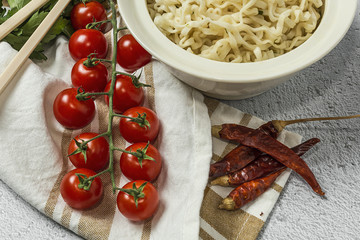 Noodles with vegetables. Typical oriental food