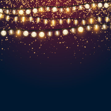 Beautiful dark blue Christmas vector background with sparkling golden glitter and shiny Xmas lights with empty copyspace for your design