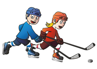 Obraz premium Ice hockey kids playing. Vector illustration