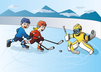 Ice hockey kids playing and having fun. Vector illustration