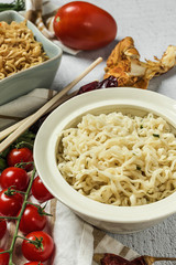 Noodles with vegetables. Typical oriental food