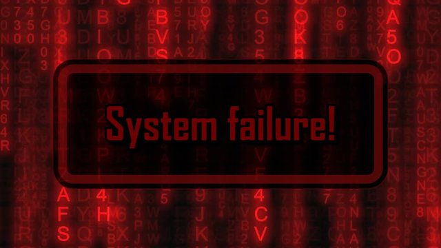 The text System Failure, appearing on a board over random symbols falling down (code rain, a popular sci-fi movie effect), changing their color from green to red.
