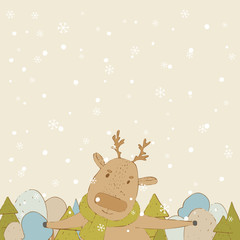 Deer and forest in winter. Card, banner, winter greetings.