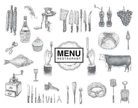 Hand Drawn Vintage Sketch Set Of Food And Drinks For Design Of The Menu. Vector Large Collection Hand Drawn Illustration With Kitchen Tools. Utensil And Cooking. Kitchenware Sketch. Engraving Style