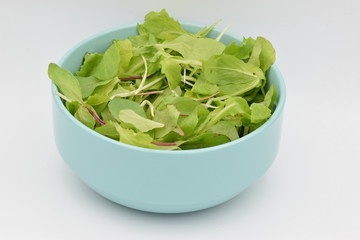 Green Salad in a Blue Bowl on White Backgroun