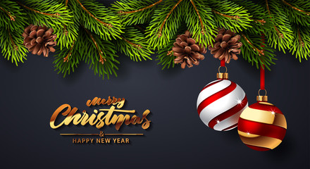 Christmas background with fir branches and red balls with decorations. Vector illustration