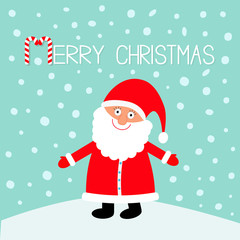 Santa Claus wearing red hat, costume, big beard. Merry Christmas. Candy cane. Cute cartoon kawaii funny character with open hand. Blue snow background. Greeting card.