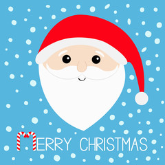 Merry Christmas. Candy cane. Santa Claus head face, big beard, moustaches, white eyebrows, red hat. Cute cartoon kawaii funny character. Blue snow background. Greeting card.