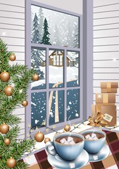 Hot chocolate drinks Christmas background Vector realistic