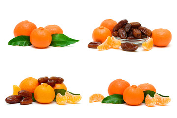 Juicy ripe tangerines and dates on a white background