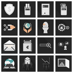 Set of business simple icons. Economic concept in flat style with long shadow