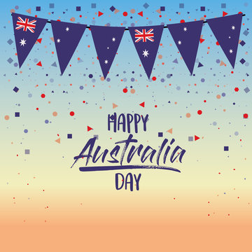 happy australia day poster with dawn sky scene background with colorful festoons and confetti vector illustration