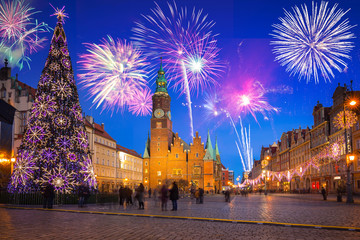 New Years firework display in Wroclaw, Poland