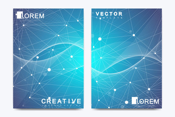 Vector template for brochure, Leaflet, flyer, advert, cover, catalog, magazine or annual report. Geometric background molecule and communication with waves. Cybernetic dots. Lines plexus. Card surface