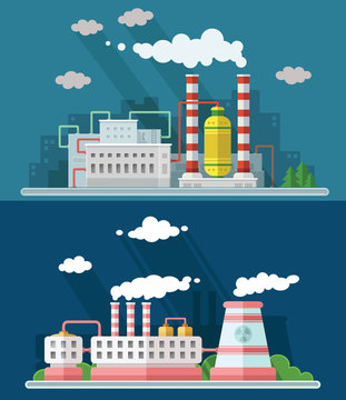 Industrial landscape set. The nuclear power plant and factory on the background of the city. Vector flat illustration