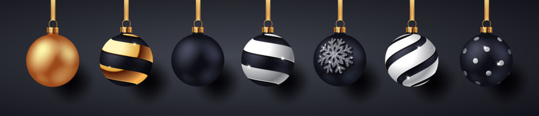 Christmas Balls with Shadows on dark background. Vector illustration