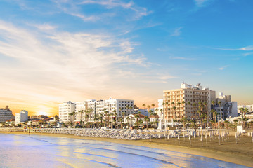 Beautiful view of the main street of Larnaca and Phinikoudes beach in Cyprus