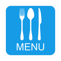 Icono plano MENU con cubiertos en cuadrado azul