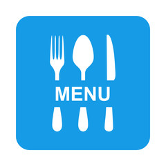 Icono plano MENU y cubiertos en cuadrado azul