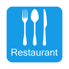 Icono plano RESTAURANT y cubiertos en cuadrado azul