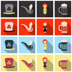 Set of Irish symbols St. Patrick day icons with shadow. Flet icons © gorovits