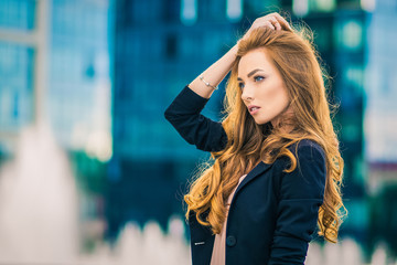 Woman is wearing near modern column