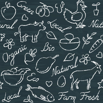 Seamless pattern with eco food symbols on chalkboard