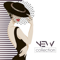 New fashion collection advertisement with beautiful woman model portrait, social media sale banner template, hand drawn vector illustration - 182959416