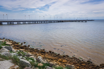 Fototapeta premium View on a pier on Puck Bay in Jurata, located on Hel Peninsula in Poland