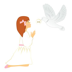 Holy Communion sacrament young short and red girl praying.