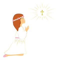 Red  short hair girl praying. First holy comunnion.