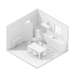 3d isometric rendering illustration of white furnished domestic kitchen